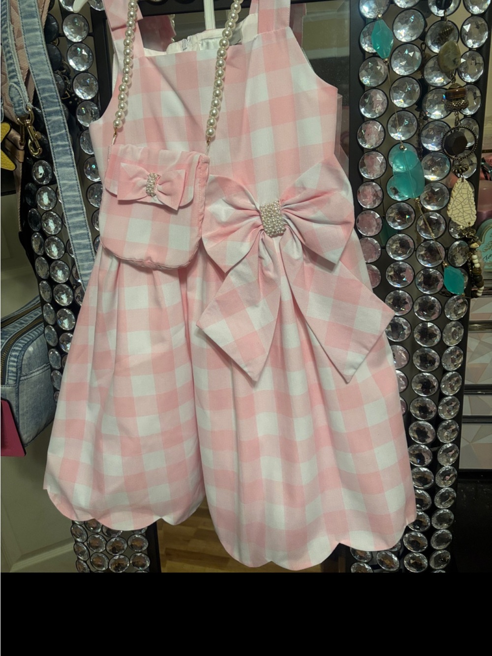 Rare Editions Pink and White Gingham Party Dress with Bow
